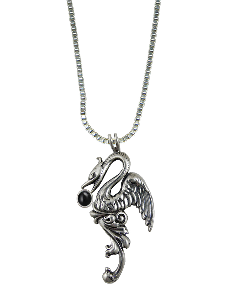 Sterling Silver Medieval Phoenix Sun Bird Pendant With Black Onyx